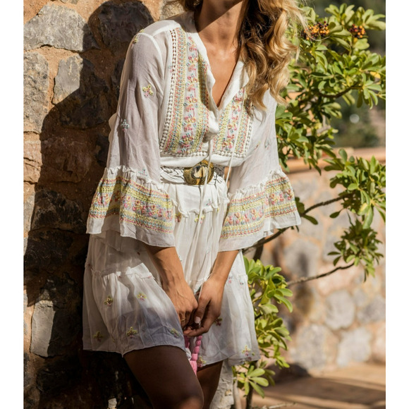 Miss June Paris Embroidered Cover Up Dress One Size Bell Sleeves Beach Boho - Picture 1 of 11